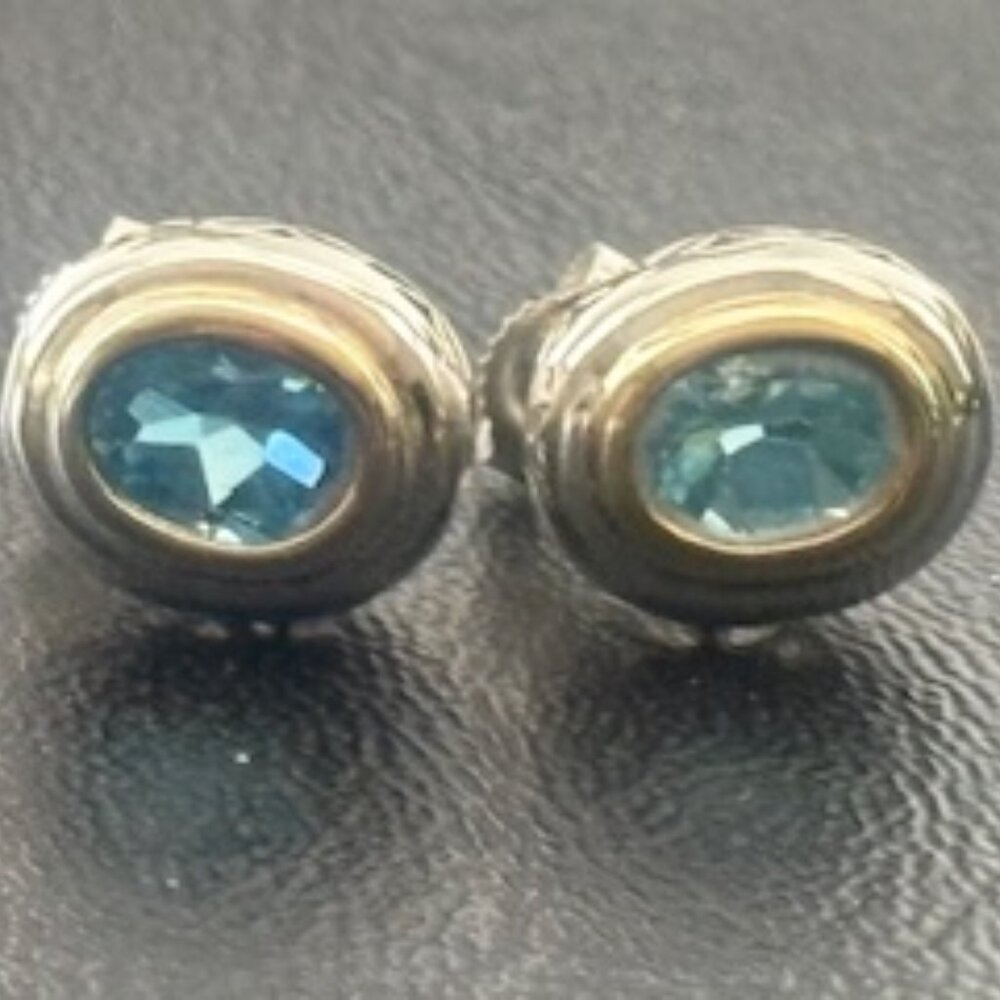 Filigree Sterling silver 925 Blue Topaz earrings-Light gold trim around stone